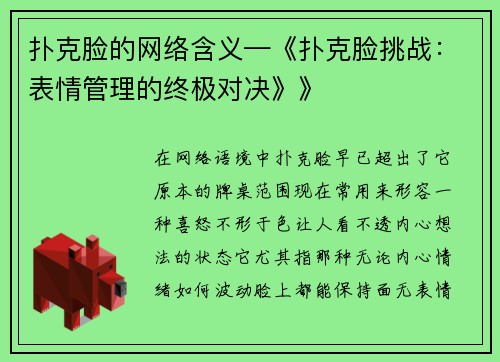 扑克脸的网络含义—《扑克脸挑战：表情管理的终极对决》》
